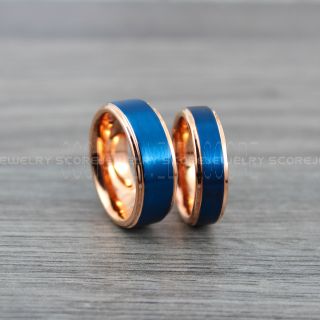 Rose Gold Rings, Rose Gold Wedding Bands, 2 Piece Couple Set 14K Rose Gold Tungsten Wedding Bands, Blue Exterior, Rose Gold Wedding Ring, Matching Couple Ring Set 