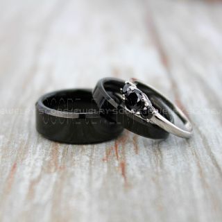 3 Piece Couple Set Wedding Rings, Black Wedding Bands, Black Tungsten Bands, Black Wedding Rings, Black Tungsten Wedding Rings