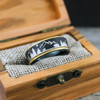 Wolf Ring, Bear Ring, Forest Scene Ring, Mountain Scene Ring, Hunting Ring, Forest Scene Design, Hunting Wedding Ring