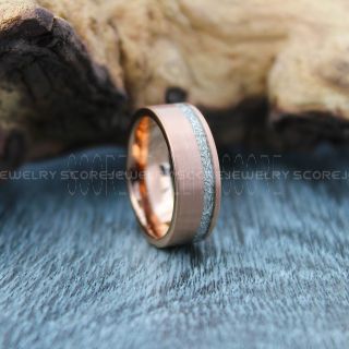 Meteorite Ring, 14K Rose Gold Tungsten Band with Meteorite Inlay, Meteorite Wedding Band, Meteorite Wedding Ring, Rose Gold Tungsten Ring, Rose Gold Wedding Band