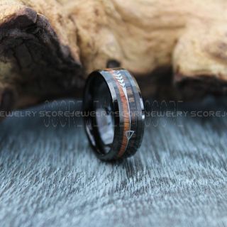 Koa Wood Ring, Koa Wood Wedding Band, 8mm Black Tungsten Band with Beveled Edge and Koa Wood Inlay, Koa Wood Tungsten Wedding Ring