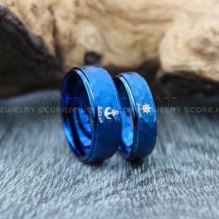 Hammered Rings, Nautical Rings, Ship Wheel Ring, Anchor Ring, 2 Piece Couple Set Anchor Wedding Rings, Blue Wedding Bands, Blue Hammered Tungsten Bands, Blue Wedding Rings, Blue Tungsten Wedding Rings