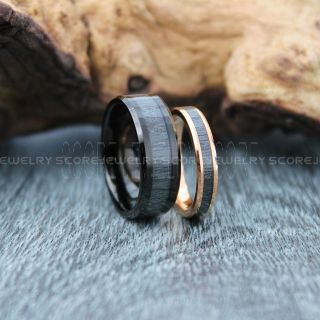 Carbon Grey Wood Rings, 2 Piece Couple Set Grey Wood Weddings Bands, Black Tungsten Bands Grey Wood Inlay, Black Wedding Rings, Black Wedding Bands, Black Wood Rings