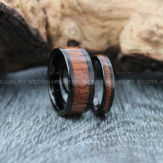Koa Wood Rings, 2 Piece Couple Set Koa Wood Weddings Bands, Black Tungsten Bands Koa Wood Inlay, Black Wedding Rings, Black Wedding Bands, Black Wood Rings