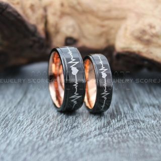 Heartbeat Rings, 2 Piece Couple Set Wedding Bands, Black Tungsten Rings, Heartbeat Rings, Heartbeat Couple Set Black Tungsten Rings, Black Wedding Bands