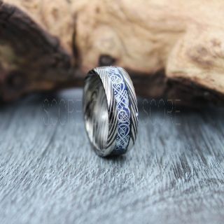 Dragon Ring, Damascus Steele Ring, Dragon Inlay Ring, Celtic Ring, Black Tungsten Ring, Black Wedding Band, Black Tungsten Ring with Black Carbon Fiber and Silver Celtic Dragon Inlay Ring