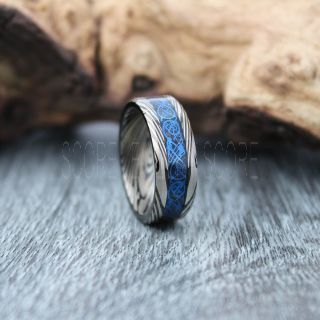 Dragon Ring, Damascus Steele Ring, Dragon Inlay Ring, Celtic Ring, Black Tungsten Ring, Black Wedding Band, Black Tungsten Ring with Black Carbon Fiber and Blue Celtic Dragon Inlay Ring