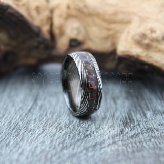 Damascus Steele Ring, Carbon Fiber Ring, Black Tungsten Ring, Black Wedding Band, Black Tungsten Ring with Black Carbon Fiber and Red Carbon Fiber Inlay Ring