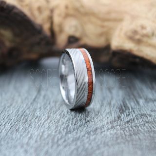 Damascus Steel Ring, Damascus Steel Wedding Ring, Koa Ring, Koa Wood Ring, Koa Wood Wedding Band, Silver Wedding Band, Silver Tungsten Ring