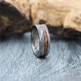 Damascus Steel Ring, Damascus Steel Wedding Ring, Koa Ring, Koa Wood Ring, Koa Wood Wedding Band, Black Wedding Band, Black Tungsten Ring