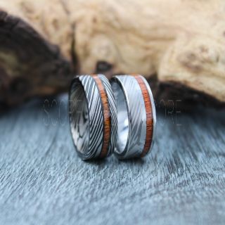Damascus Steel Ring, 2 Piece Set Damascus Steel Wedding Ring, Koa Ring, Koa Wood Ring, Koa Wood Wedding Band, Black Wedding Band, Black Tungsten Ring
