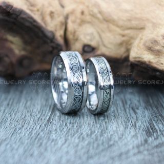 Dragon Ring, Dragon Inlay Ring, Celtic Ring, Silver Tungsten Ring, Silver Wedding Band, Silver Tungsten Ring with Black Carbon Fiber and Silver Celtic Dragon Inlay Ring