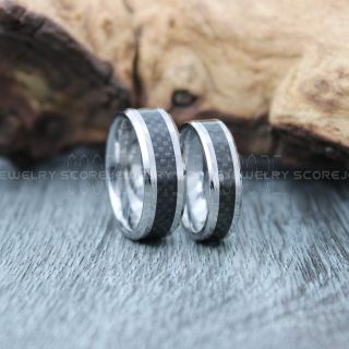 Silver Tungsten Rings, Silver Wedding Bands, 2 Piece Couple Set Silver Tungsten Rings with Black Carbon Fiber Inlay, Silver Wedding Rings, Carbon Fiber Rings