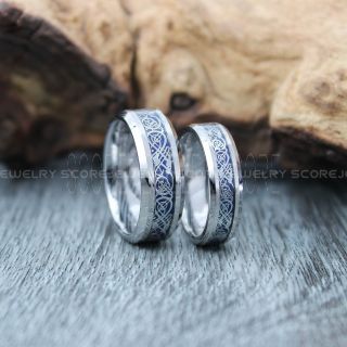Dragon Ring, Dragon Inlay Ring, Celtic Ring, Silver Tungsten Ring, Silver Wedding Band, Silver Tungsten Ring with Blue Carbon Fiber and Silver Celtic Dragon Inlay Ring