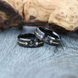 Nautical Rings, Ship Wheel Rings, 2 Piece Couple Set Anchor Rings, Black Wedding Bands with Two AAAAA CZ Stones, Black Tungsten Bands, Black Wedding Rings, Black Tungsten Wedding Rings