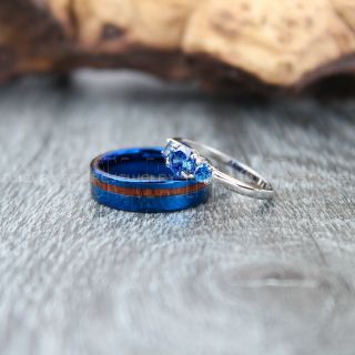 Koa Wood Ring, Koa Wood Wedding Band, 2 Piece Couple Set Wedding Rings, Blue Wedding Bands, Blue Tungsten Bands, Blue Wedding Rings, Blue Tungsten Wedding Rings