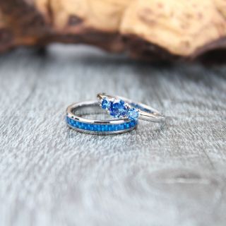 Silver Wedding Band, 2 Piece Silver Wedding Ring Set, Silver Tungsten Band, 3 Stone Sterling Silver Engagement Ring, Wedding Ring Set 