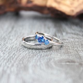 Silver Wedding Band, 2 Piece Silver Wedding Ring Set, Silver Tungsten Band, 3 Stone Sterling Silver Engagement Ring, Wedding Ring Set 