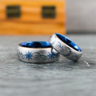 Sun and Moon Rings, Couple Rings, Sun and Moon Wedding Rings, Blue Wedding Bands, Couple Jewelry
