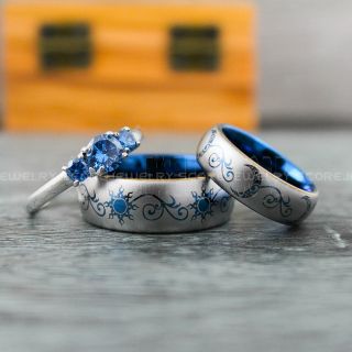 Sun and Moon Rings, Couple Rings, Sun and Moon Wedding Rings, Blue Wedding Bands, Couple Jewelry