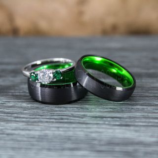 Couple Ring, Emerald Engagement Ring, Black Wedding Bands, Wedding Ring Set