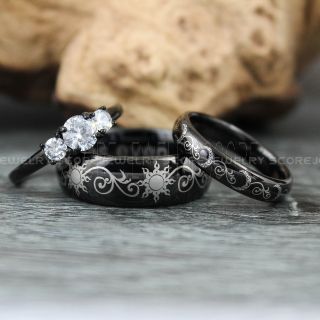 Sun and Moon Rings, Couple Rings, Sun and Moon Wedding Rings, Black Wedding Bands, Couple Jewelry