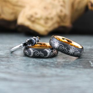 Sun and Moon Rings, Couple Rings, Sun and Moon Wedding Rings, Black Wedding Bands, Couple Jewelry