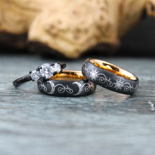 Sun and Moon Rings, Couple Rings, Sun and Moon Wedding Rings, Black Wedding Bands, Couple Jewelry