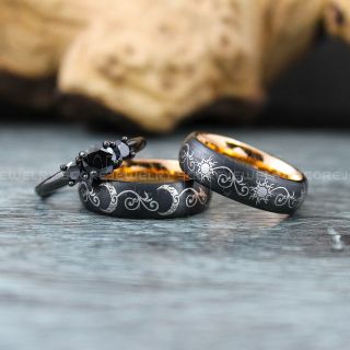 Sun and Moon Rings, Couple Rings, Sun and Moon Wedding Rings, Black Wedding Bands, Couple Jewelry
