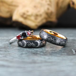 Sun and Moon Rings, Couple Rings, Sun and Moon Wedding Rings, Black Wedding Bands, Couple Jewelry