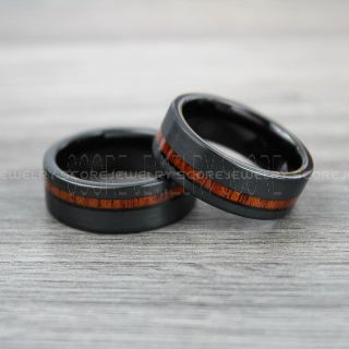 2 Piece Couple Set Koa Rings, Koa Wood Rings, Koa Wood Wedding Bands, Black Wedding Bands, Black Tungsten Rings