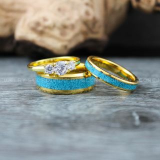 Turquoise Rings, Turquoise Wedding Rings, Turquoise Wedding Bands, Couple Rings, Matching Wedding Bands