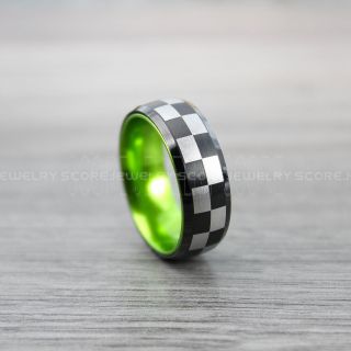 Racing Ring, Racing Flag Ring, Green Tungsten Ring, Black Wedding Band, Black Tungsten Ring