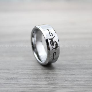 Fishing Ring, Catfish Ring, Silver Tungsten Ring, Silver Wedding Band, Hunting Ring, Fish Hooks Ring