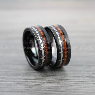 2 Piece Couple Set Barb Wire Black Tungsten Wedding Bands With Koa Wood Inlay, Black Wedding Bands, Barb Wire Rings