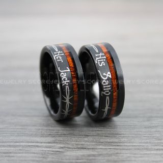 Koa Wood Rings, Koa Wood Tungsten Bands, 2 Piece Couple Set Silver Tungsten Bands Her Jack & His Sally 8mm Koa Silver Tungsten Wedding Bands