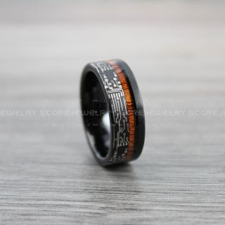 Circuit Ring, Circuit Board Ring, Koa Wood Ring, Koa Wood Wedding Band, Black Wedding Band