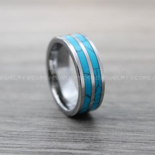 Turquoise Ring, Turquoise Wedding Band, 8mm Silver Tungsten Band with Flat Edge Turquoise Inlay 8mm Turquoise Tungsten Wedding Ring