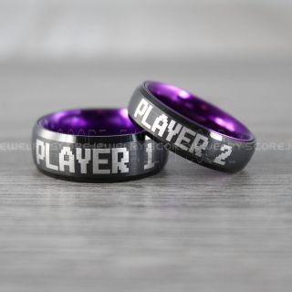  Player 1 Player 2 Rings, Gamer Rings, Purple Tungsten Rings, Black Wedding Bands, Couple Ring Set Gamer Rings