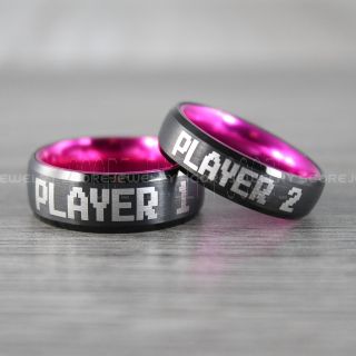  Player 1 Player 2 Rings, Gamer Rings, Pink Tungsten Rings, Black Wedding Bands, Couple Ring Set Gamer Rings