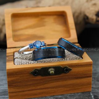 Black Tungsten Wedding Rings, 3 Piece Couple Set Black Tungsten Rings, Black Tungsten Wedding Bands with Blue Step, Couple Wedding Rings