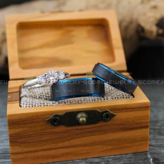 Black Tungsten Wedding Rings, 3 Piece Couple Set Black Tungsten Rings, Black Tungsten Wedding Bands with Blue Step, Couple Wedding Rings