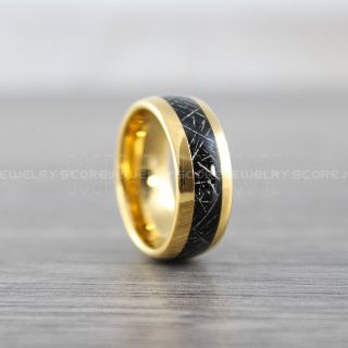 Meteorite Ring, 14K Yellow Gold Tungsten Band Meteorite Inlay, Meteorite Wedding Band