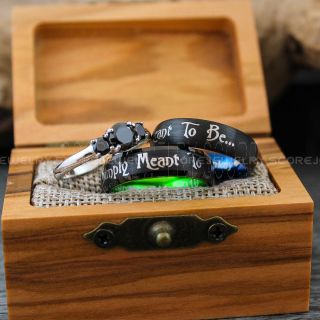 Simply Meant To Be Rings, 3 Piece Couple Set Black Tungsten Bands with Domed Edge, Simply Meant To Wedding Bands, Tungsten Wedding Rings