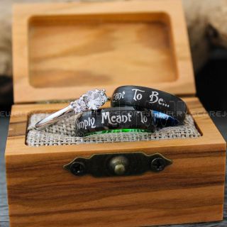 Simply Meant To Be Rings, 3 Piece Couple Set Black Tungsten Bands with Domed Edge, Simply Meant To Wedding Bands, Tungsten Wedding Rings