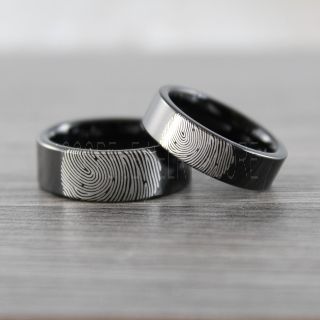 2 Piece Couple Set Custom Fingerprint Rings, Fingerprint Wedding Rings, Fingerprint Wedding Bands, Black Wedding Bands, Black Wedding Rings, Black Tungsten Rings