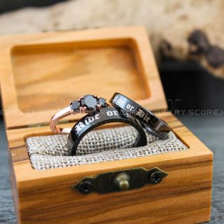 Ride or Die Rings, Ride or Die Wedding Rings, 3 Piece Couple Set Black Tungsten Bands, 3mm .925 Sterling Silver Three Stone Engagement Ring