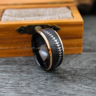 Baseball Ring, 10mm Black Tungsten Wedding Band, Black Tungsten Baseball Ring Blue Step Edge Baseball Stitch Pattern Ring, Baseball Jewelry