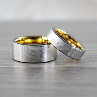 2 Piece Couple Set Damascus Steel Rings, Silver Rings, Silver Tungsten Bands Damascus Steel Pattern Laser Engraved Tungsten Wedding Rings
