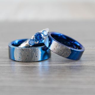 3 Piece Couple Set Fingerprint Rings, Fingerprint Wedding Bands, Blue Tungsten Bands, Blue Wedding Rings, Blue Tungsten Wedding Rings